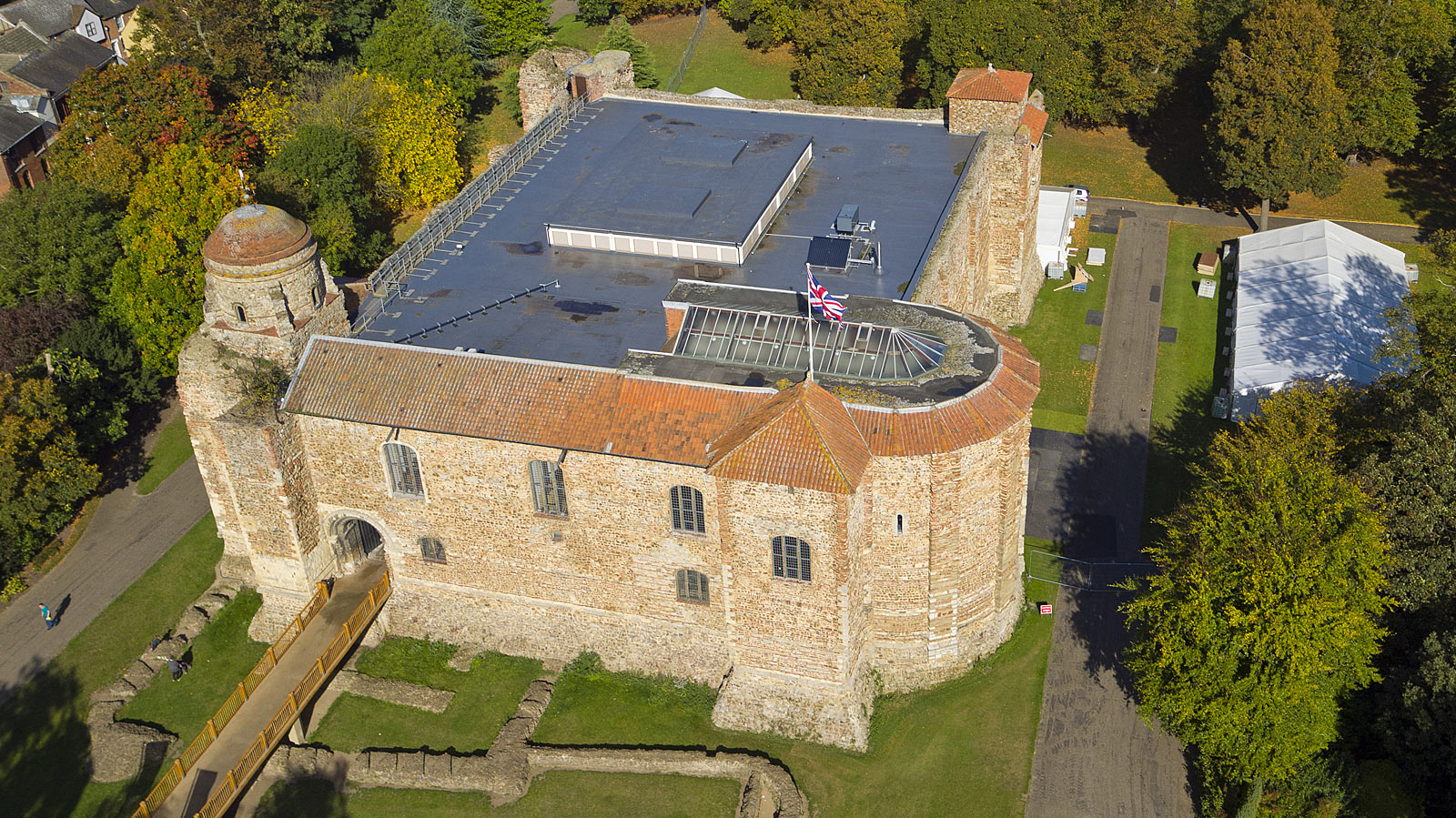Aerial photograph showing the roof and aerial view of the norman keep of Colchester Castle in Essex