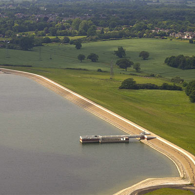 Aerial photography of a reservoir dam in Essex, UK