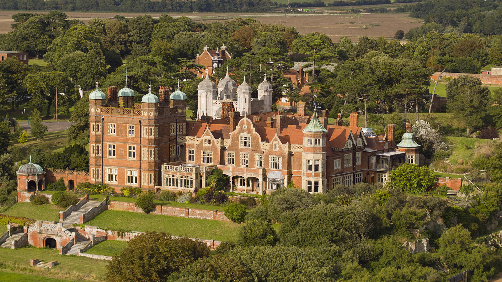 Aerial photograph showing the grounds and aerial view of the Bawdsey Manor in Suffolk