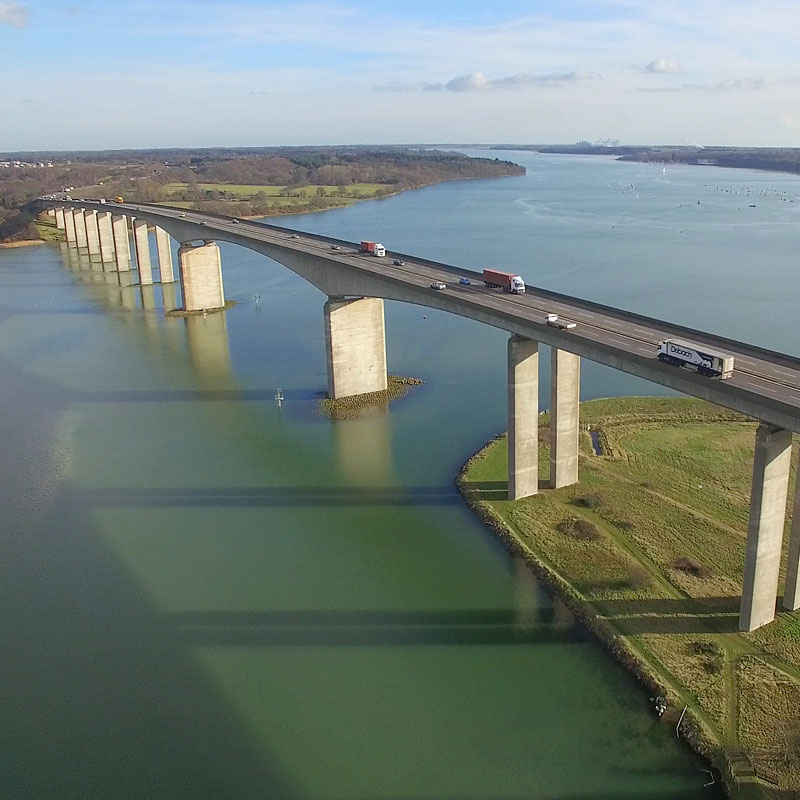 Aerial photography of the Orwell Bridge in Ipswich, Suffolk