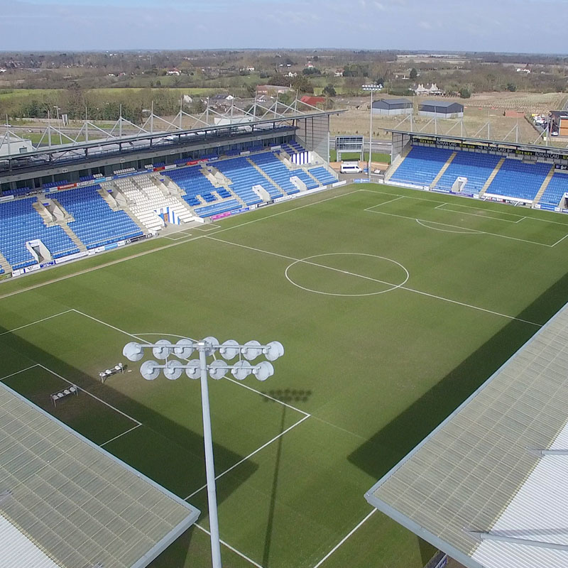 Aerial photograph of Colchester United football stadium in Colchester, Essex, UK