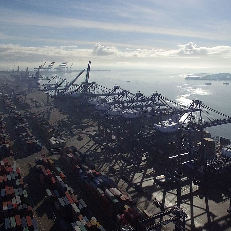 Aerial photography of Felixstowe docks in Suffolk, UK