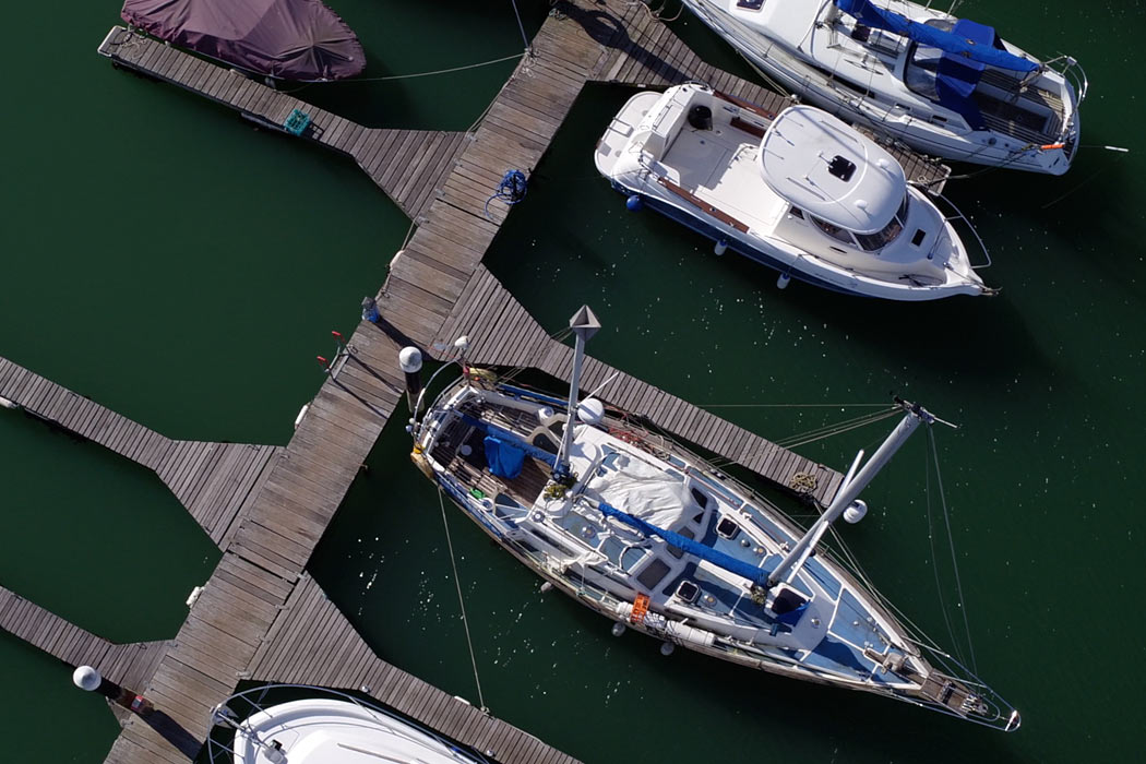 Aerial photograph of boats in a UK marina