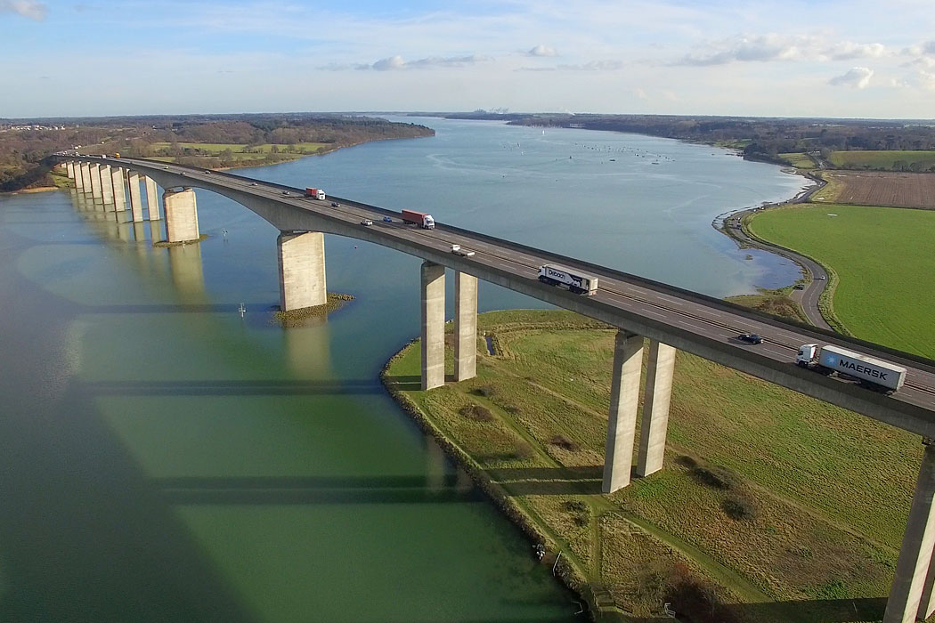 Aerial photograph of the Orwell Bridge Just outside Ipswich, Suffolk.