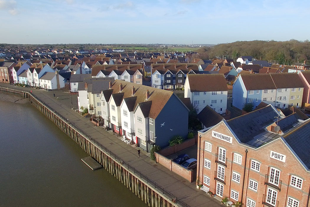 Aerial photography of a new quayside residential housing development in Wivenhoe, Essex, UK