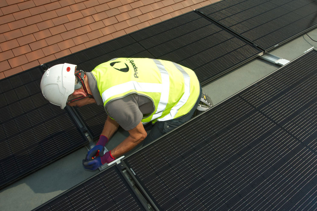 Aerial photograph of rooftop solar PV installation 