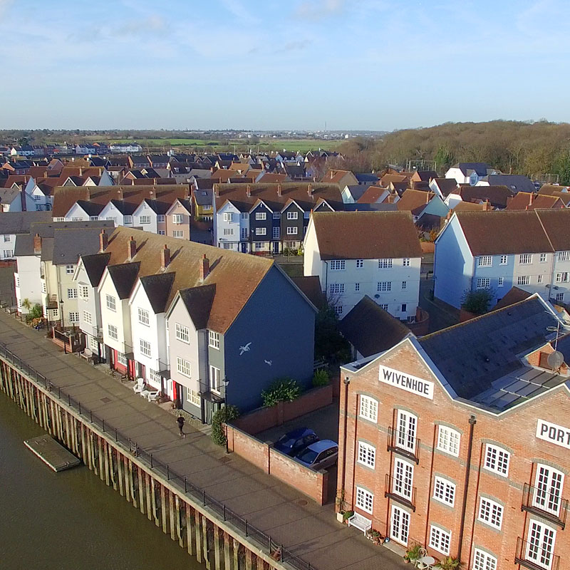 Aerial photograph of a new quayside residential development in Wivenhoe, Essex